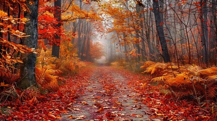 Misty autumn path lined with vibrant red and orange foliage, creating a serene seasonal scene. Created with Generative AI. - Powered by Adobe