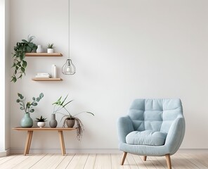 Scandinavian style interior with white wall mock up and pastel blue armchair
