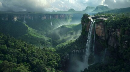 Majestic waterfalls plunge into a misty green valley surrounded by towering cliffs and lush...
