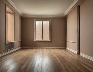 empty room with hardwood flooring, stained in a rich brown shade. The walls are painted in a soft beige color, creating a warm and inviting atmosphere