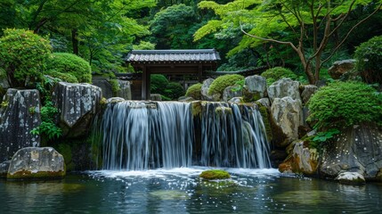 Serene waterfall in a lush Japanese garden with vibrant greenery. Created with Generative AI.