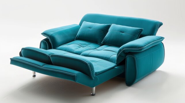 Elegant multi-functional turquoise sofa bed, ideal for small spaces, featured in an isolated, serene setting