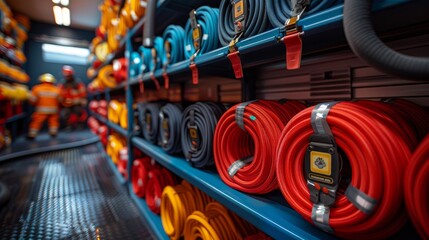 Shelves stocked with colorful fire hoses on a firetruck, with firefighters in the background. Created with Generative AI. - obrazy, fototapety, plakaty
