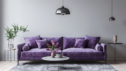 Livingroom interior wall mock up with grey velvet sofa, violet pillows, hanging lamp, vase and coffee table on empty white background, 3D rendering