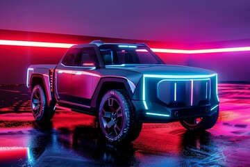 sleek electric luxury pickup truck with neon headlights futuristic automotive design 3d vehicle rendering 20