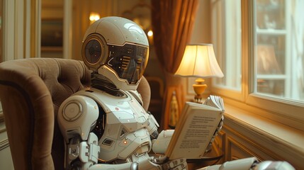 Futuristic robot sits comfortably reading a book in an elegant room with classic furnishings. Created with Generative AI. - obrazy, fototapety, plakaty