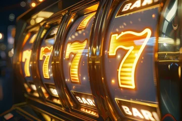 Foto op Canvas slot machine wins shiny golden jackpot lucky 777 big win concept casino gambling theme 3d rendering © Lucija