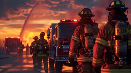Firefighters in gear advance towards a blaze at sunset with firetrucks and water jets visible. Created with Generative AI.