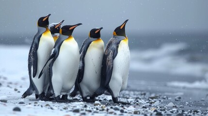 A group of four king penguins standing on a pebbly beach with light snowfall. Created with Generative AI.