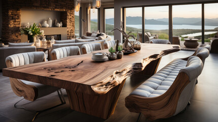 Rustic live edge dining table and solid wood armchairs close up. Organic interior design of modern living room in farmhouse. Generative AI