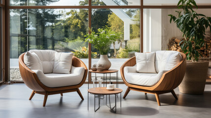 Obraz premium Cozy chairs and round coffee table near white sofa. Interior design of modern living room. Generative AI