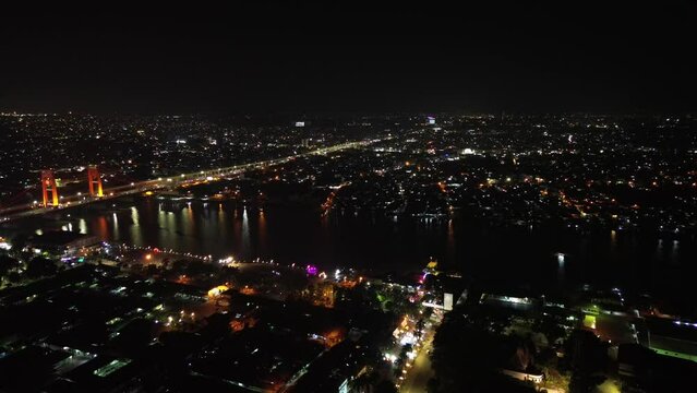 Aerial video of Ampara Bridge in Palembang, Indonesia