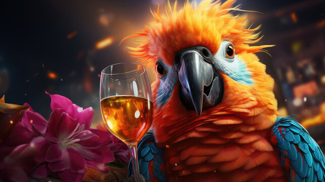 Funny cartoon party parrot with cocktail glass isolated over white background. Colorful joyful greeting card for birthday or other festive events. Generative AI