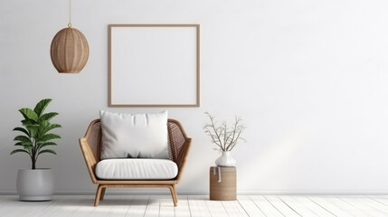 White armchair and wicker pendant lamp against white wall. Interior design of modern living room with empty blank mock up poster frame. Generative AI