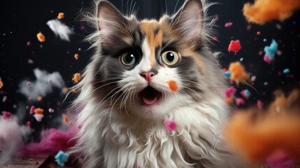 Funny cartoon party cat with confetti isolated over white background. Colorful joyful greeting card for birthday or other festive events. Generative AI