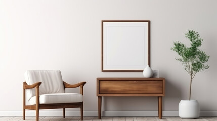 Solid wood armchair and console table against white wall with art poster frame. Mid century style interior design of modern living room. Generative AI