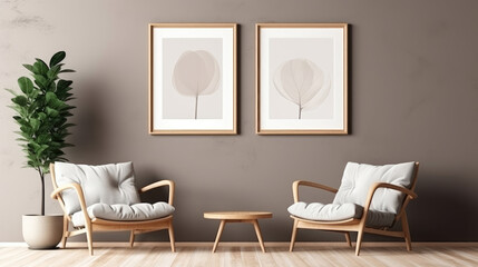 Wicker lounge chair near beige wall. Interior design of modern living room with empty blank mock up poster frame. Generative AI