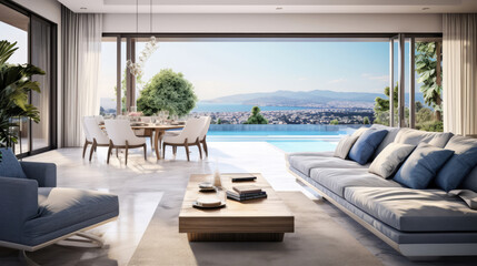 Sofa and dining table and chairs against panoramic window with swimming pool view. Interior design of modern elegant living room in luxury house. Generative AI