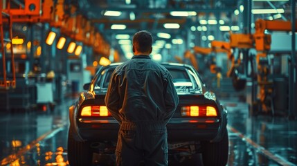 A person in a jumpsuit standing in an industrial factory, looking at a classic car amidst machinery. Created with Generative AI.