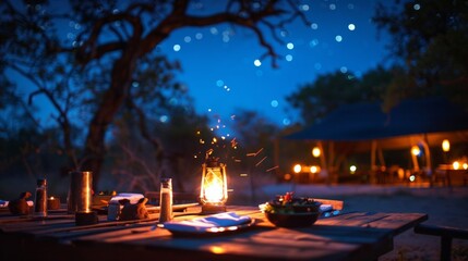 A night of fine dining in the middle of nowhere enjoy delicious food under a blanket of stars. 2d flat cartoon. - obrazy, fototapety, plakaty