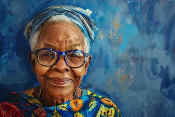 smiling elderly african woman with eyeglasses happy senior portrait blue background digital painting 13 - Powered by Adobe
