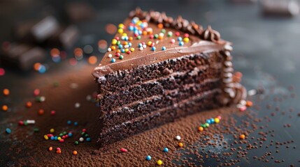 A delectable slice of chocolate cake adorned with colorful sprinkles and frosting. Created with Generative AI. - obrazy, fototapety, plakaty