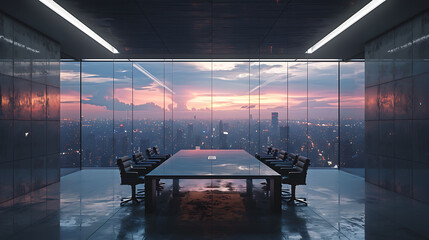 Luxury meeting room with panoramic city view and blank gray wall, Presentation and corporate...