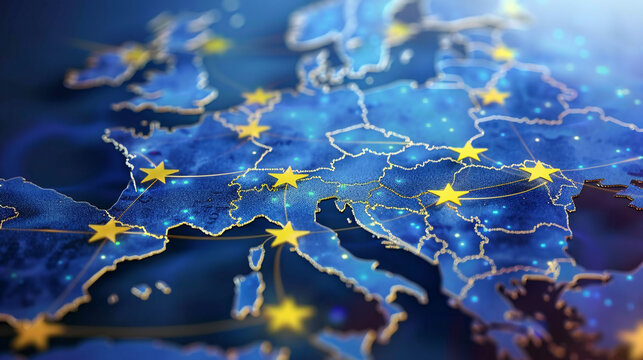 European Digital Services Act: A Beacon of Progressive Legislation in a Sea of Blue, Represented by Yellow Stars and Digital Pins