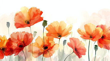 Radiant Poppy Garden: An Enchanting Watercolor Masterpiece Showcasing Vibrant Blossoms and White Background