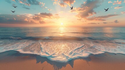 Serene beach sunset with waves and birds under a golden sky. Created with Generative AI. - obrazy, fototapety, plakaty