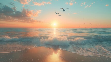 Tranquil beach sunrise with gentle waves and flying seagulls against a pastel sky. Created with Generative AI. - obrazy, fototapety, plakaty