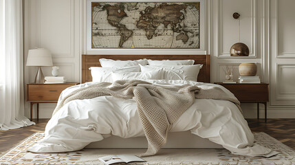 Map on the wall of stylish bedroom interior with big white bed and beige blanket, real photo