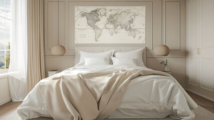 Map on the wall of stylish bedroom interior with big white bed and beige blanket, real photo