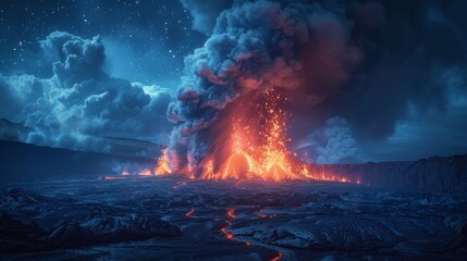 Erupting volcano at night with lava flows and ash clouds under a starry sky. Created with Generative AI.