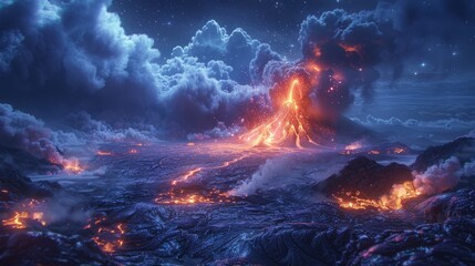 Majestic volcanic eruption at night with flowing lava and ash clouds under a starry sky. Created with Generative AI. - obrazy, fototapety, plakaty