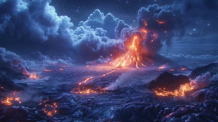 Foto auf Alu-Dibond Majestic volcanic eruption at night with flowing lava and ash clouds under a starry sky. Created with Generative AI. © RealizeXL