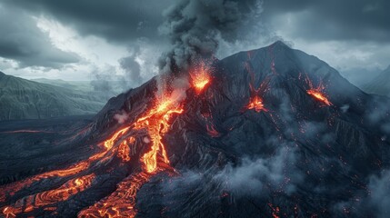 A dramatic volcanic eruption with flowing lava and billowing smoke against a cloudy sky backdrop. Created with Generative AI.
