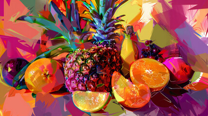 Exotic Tropical Fruit Symphony: A Vibrant and Abstract Artistic Collage Portrait Illustration Showcasing the Splendor of Diverse Fruits
