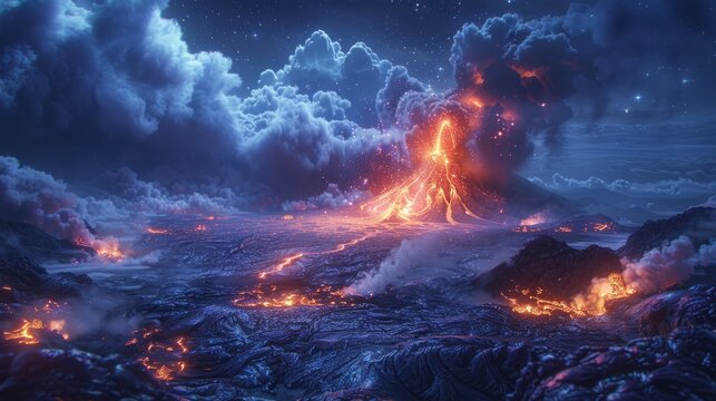 Majestic volcanic eruption at night with flowing lava and ash clouds under a starry sky. Created with Generative AI.