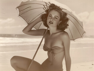 Femme en maillot de bain vintage à la plage de dos, illustration de vacances dans le style d'une photographie rétro ou ancienne - obrazy, fototapety, plakaty