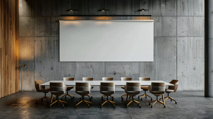 Modern Conference Room: Sophisticated Wooden and Concrete Interiors, Empty Billboards, and Furniture - A 3D Rendering of a Stylish Presentation Space