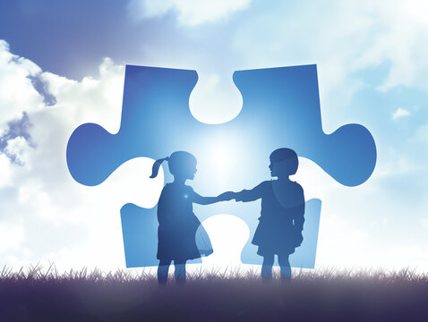 Pi&egrave;ce de puzzle bleue qui renferme la silhouette de deux enfants, repr&eacute;sentation de l'autisme, un trouble du neurod&eacute;veloppement