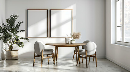 Mock up poster frame in Scandinavian style interior with modern furnitures, Minimalist interior design, 3D illustration