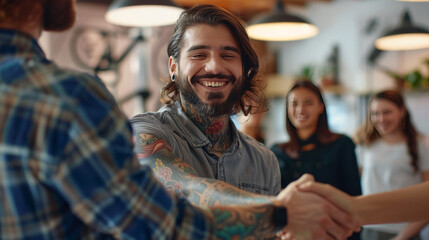 Fototapeta na wymiar Portrait of modern business team welcoming new employee focus on smiling tattooed man shaking hands with intern