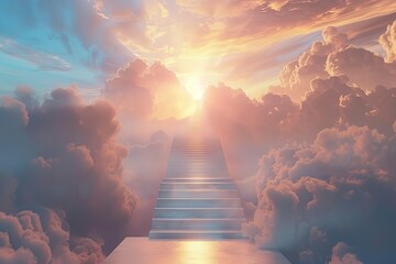 stairway leading to heavenly doors spiritual journey concept 3d illustration - obrazy, fototapety, plakaty