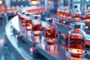 sterile pharmaceutical glass vials on hightech production line in modern factory 3d illustration - obrazy, fototapety, plakaty
