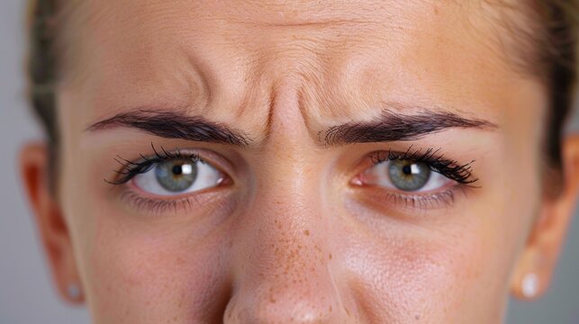 The eyebrows are drawn together in a horizontal line highlighting the stern and disapproving expression on the persons face. .