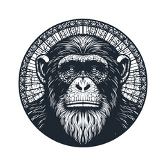The chimpanzee stained glass. Black White vector Illustration.	