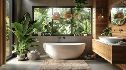 Modern bathroom interior with wooden decor in eco style, 3D Render