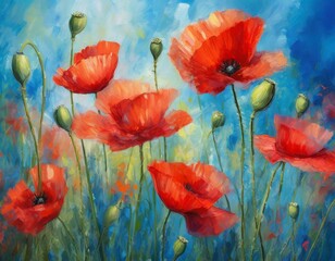 Obraz premium painting featuring vibrant red poppy flowers set against a striking blue background, capturing the essence of a meadow in bloom under soft impressionist light